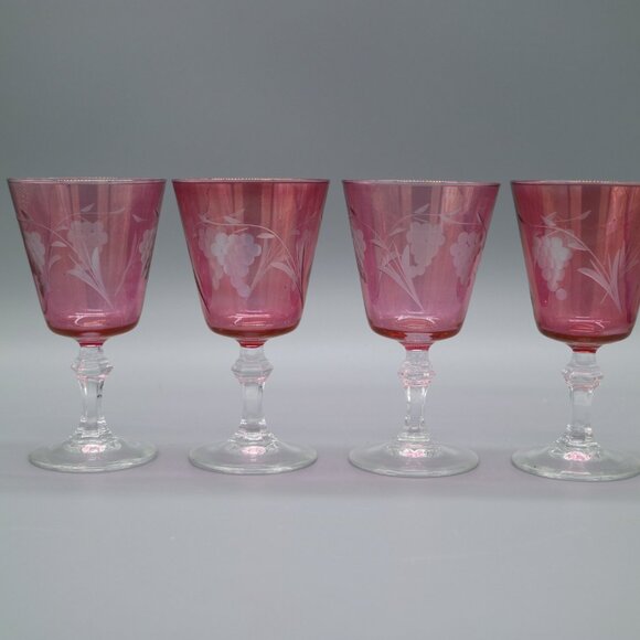 Crystal Amethyst Cranberry 5" Wine Glasses Grapes Vine Pattern | Aperitif - Picture 5 of 6